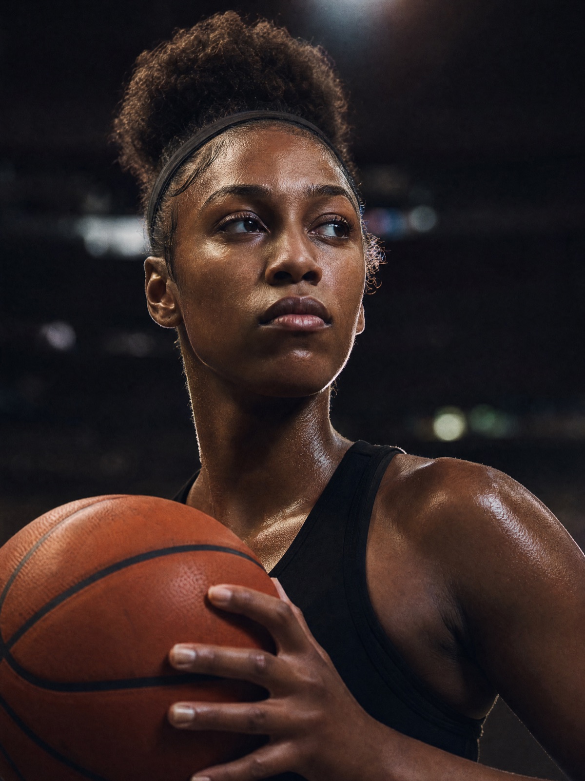 Basketball athlete holding a ball in a dim gym