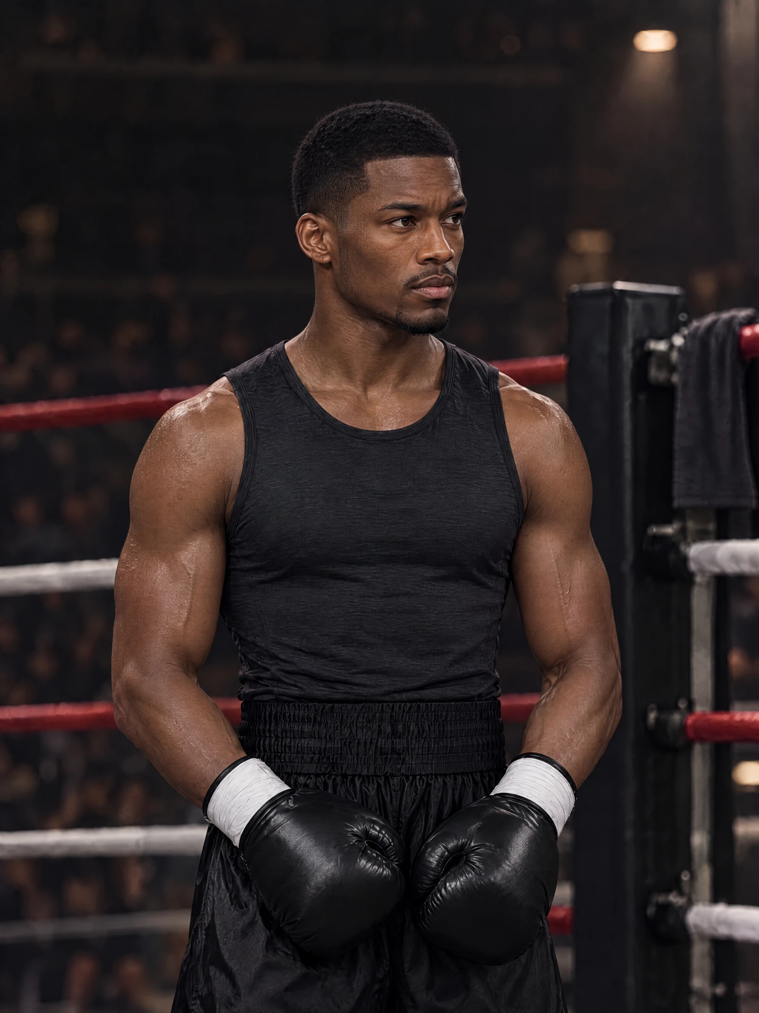 A boxer in a black tank top and gloves standing in the ring before the bell