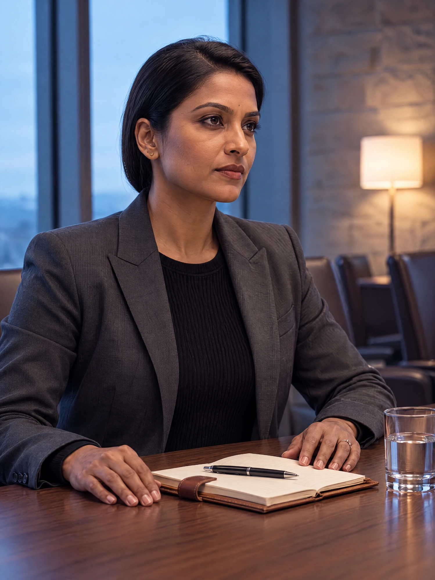 A founder at a boardroom table at dusk, open notebook and a glass of water in front of her