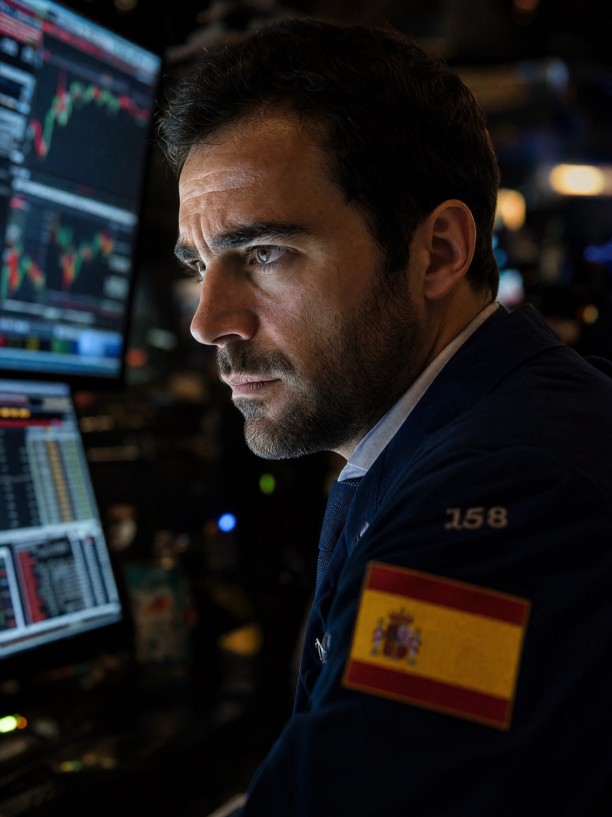 Trader at a dark desk of glowing market monitors